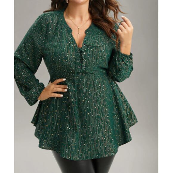 BLOOMCHIC 18-20 2X Plus Green Glitter Sleeve Elastic Waist Lace Up Blouse b50 - Picture 1 of 9